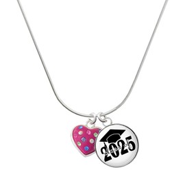 Delight Jewelry Silvertone Hot Pink Resin Heart in Frame Script Class of 2025 Dome Charm Necklace, 18"