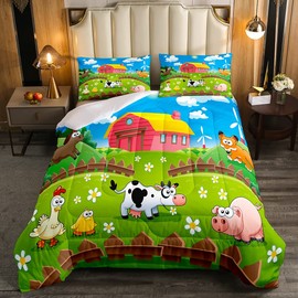 Cartoon Animals Bedding Set Happy Farm Comforter Set for Kids Boys Girls Chicken Duck Milk Cow Pig Comforter Farmhouse Rustic Color Decor Quilt Set Bedroom Collection 2Pcs Twin Size