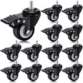 Aurelema 2 Inch M8 (0.315 Inch) 15 mm Threaded Caster Wheels Set of 12 Heavy Duty Stem Casters 360° Polyurethane Swivel Locking Wheels with Dual Brake, No Noise, 400 lb for Cart Desk Furniture