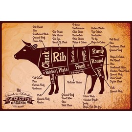 mrdeco Metal Sign 20 x 30 cm Curved Beef Cuts Organic Butcher Shop Decorative Tin Sign