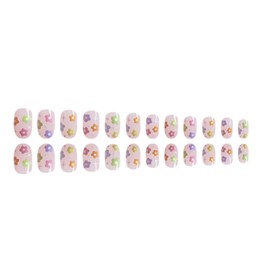 Hkanlre Press on Nails Flower Fake Nails Tips Full Cover Summer Short False Nails for Women and Girls 24PCS