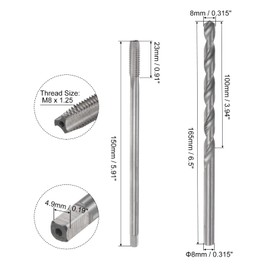 sourcing map Tap & Bit Sets, M8 x 1.25 H2 Straight Flute Machine Thread Milling Tap 150mm Extra Long, 8mm High Speed Steel (HSS) Twist Drill Bit