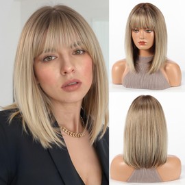 HAIRCUBE Bob Wigs for Women Synthetic Wig with Fringe Blonde with Dark Roots Color for Daily Use