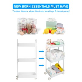 Volnamal Diaper Caddy Organizer, 3-Tier Movable Diaper Cart with Wheels, Newborn Essentials Must Haves, Diaper Caddy for Wipes & Diapers, Baby Registry Search - Plastic White
