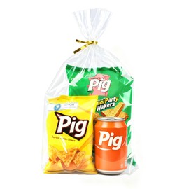 PigPotParty 12"x 16", 50Pcs Bottom Gusset Bags, Clear Plastic Cellophane Gift Mug Treat Goodie Bags with 50x Twist Ties, Large Party Favor Packaging, Toy Wrapping (No Side Gusset)