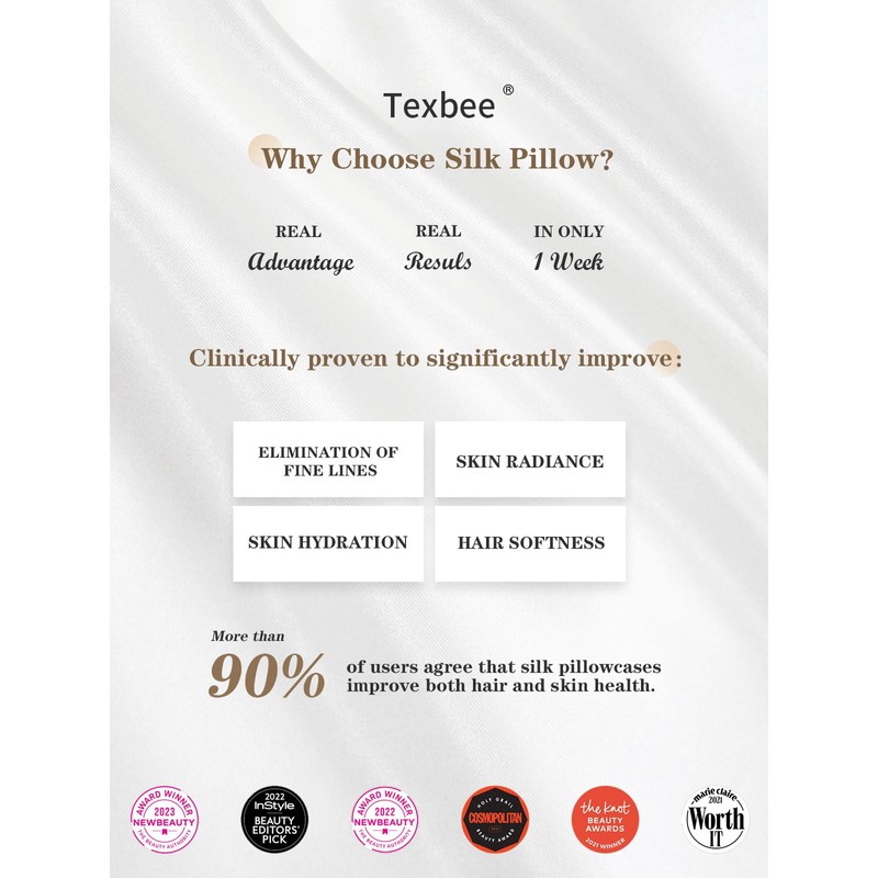 Texbee Silk Pillowcase, 22 Momme Mulberry Silk Pillowcases for Hair