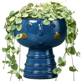 Fivepot Face Planter Pot Head 7 Inch - Cute Ceramic Head Planter for Indoor Plants Outdoor Unique Flower Pot Succulent Pot with Drainage Hole Gift Ideas for Christmas Blue