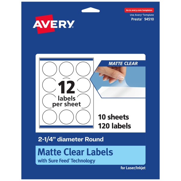 Avery Matte Clear Round Labels, Sure Feed Technology, 2.25" Diameter,