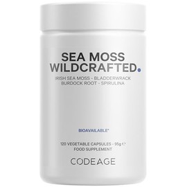 Codeage Raw Wildcrafted Irish Sea Moss Supplement – with Bladderwrack, Burdock Root, Spirulina, BioPerine & Peppermint Oil – Vegan, Non-GMO – Superfood Mineral Complex – 120 Capsules