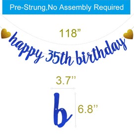 SUNbetterland Blue glitter Happy 35th Birthday Banner, Pre-Strung,Man's 35th Birthday Party Decorations Supplies, Happy 35th Birthday