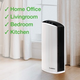 Lasko LP300 HEPA Tower Air Purifier with Timer for a Cleaner, Fresher Environment –2-Stage Filtration Removes Smoke, Odors, Pet Dander, Virus Sized Particles, Pollen, Dust, 21.6" x 7.3” x 10.3”, White
