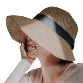 [ムーンバット] 帽子 ハット 洗える ペーパーブレード 前つば広 バック リボン 遮光 UVカット UPF50 洗える つば長め 10.5cm あご紐付き サイズ調整可能 65881 ベージュ