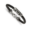 Chisel Stainless Steel Polished Antiqued Fleur De Lis Black Leather