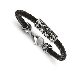 Chisel Stainless Steel Polished Antiqued Fleur De Lis Black Leather Bracelet