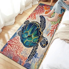 Sea Turtle Runner Rug For Hallway 2.7x8ft,Blue Turtles Machine Washable Rugs,3D Ocean Life Marine Animal Non-Slip Kitchen Mats For Floor,Coastal Colorful Coral Long Bathroom carpets Runner For Bedroom