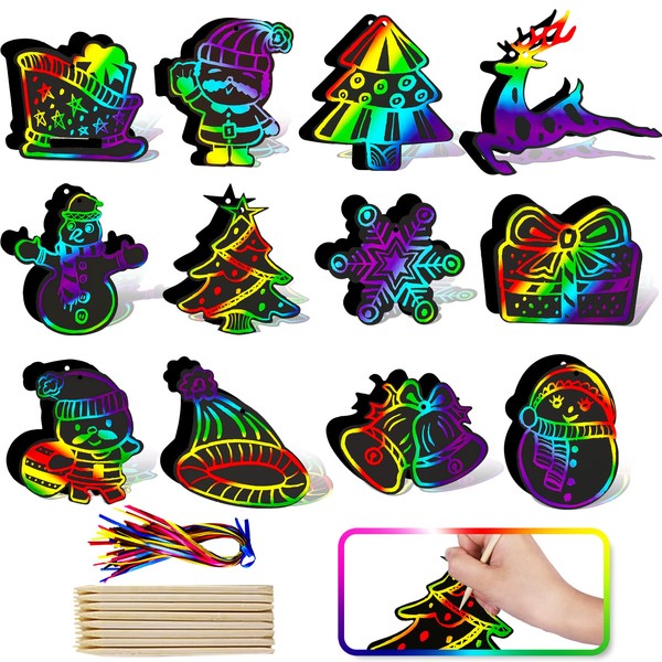 Max Fun Christmas Craft Scratch Art for Kids Magic Rainbow Scratch Paper Hanging Cards, 48PCS Christmas Ornaments for Kids Party Favors Supplies Stocking Stuffers Educational Toys