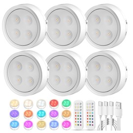 Onumii Battery Operated Puck Lights with Remote Rechargeable Closet Lights 1200mAh Colors Changing Under Cabinet Lights Stick on Lights Tap Lights for Kitchen, Counter, Shelves, Closet (6Pack White)