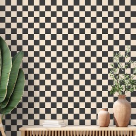 Drydiet Retro Checkerboard Peel and Stick Wallpaper 70s Checkered Removable Wall Paper Decorative Wallpaper Decor for Bathroom Cabinet(Black Brown,9.8' X 15.75'')