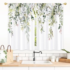 Gibelle Farmhouse Eucalyptus Kitchen Boho Rustic Floral Botanical Sage Green Leaves Small Short Cafe Curtains for Living Dining Room Bathroom RV Windows 26"x39"