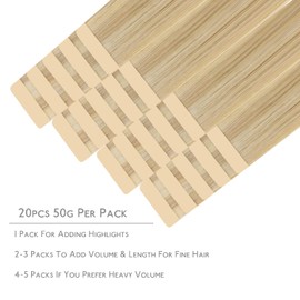 WENNALIFE Tape-in Extensions, Real Hair, Set of 20, 50 g, 55 cm/22 Inches, Light Blonde Highlights, Golden Blonde, Remy, Invisible Tape, Silky Straight, Skin Weft Tape Ins