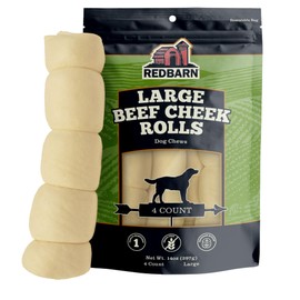 Redbarn All-Natural Large Beef Cheek Rolls for Dogs, Uncoated - Single Ingredient Grain-Free Chew Treat Naturally Rich in Collagen - No Artificial Preservatives - 4 Pack - Packaging May Vary
