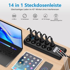 4 USB Steckdosenleiste 10-Fach Mehrfachsteckdose mit Schalter, Überspannungsschutz 4000W 16A Verteilersteckdose Wandmontage Steckdose Steckerleiste für Hause, Schule 2M Kabel Schwarz