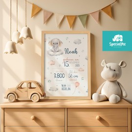 SpecialMe® Baby Poster personalisiert mit Geburtsdaten – Geburtsposter mit Elefant Wolken Sternen – Name Datum Größe Gewicht – Geschenk Geburt
