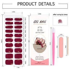 WOKOTO Semi Cured Gel Nail Strips, 20 Pcs Burgundy Red Glitter Semi Cured Gel Nail Stickers Full Nail Wraps With Nail File & Wood Stick, UV Light Required, Salon Quality, Easy to Apply&Remove