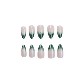 SINHOT Almond Press on Nails Medium - Dark Green Gradient Fake Nails Glossy Glue on Nails French Tip Acrylic Nail Stiletto Artificial Nail Art Stick on False Nails with Design DIY 24 pcs