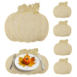 LawnIdyll Fall Pumpkin Placemats Set of 6 Neutral Embroidered Autumn Thanksgiving Round Linen Cloth Place Mats Farmhouse Harvest Table Mats Decor for Thanksgiving Halloween Party Home Kitchen Dining