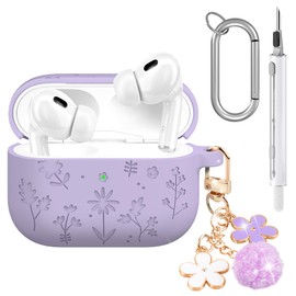 Seltureone Compatible with AirPods Pro 3 Case Cute with Cherry Blossom Keychain and Cleaning Kit, Soft Silicone Shockproof Flower Engraved Cover Compatible with AirPod Pro 3 Case Cover - Light Purple
