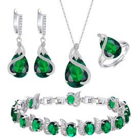EVER FAITH Women Bridal Jewelry Set for Bride, Emerald Birthstone CZ Necklace Earrings Bracelet Ring Sets for Birthday/Mother's Day Gifts for Mom/Wife/Sister/Best Friend Green Silver-Tone