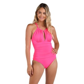 La Blanca Women's One Piece Swimsuit High Neck Keyhole Island Goddess, Bright Pink, 10
