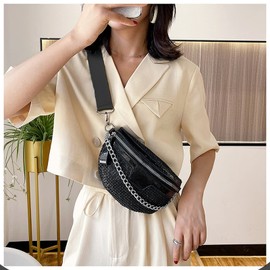 Thick Chain Women's Fanny Pack Plaid leather Waist Bag Shoulder Crossbody Chest Bags Luxury Designer Handbags Female Belt Bag, A-Black, Small, Fashion