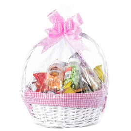 White Round Willow Gift Basket, with Pink Gingham Liner and Handle- Set of 3
