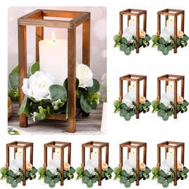 Geelin 10 Pcs Wooden Wedding Lantern Centerpiece Candle Lantern Table Wooden Candle Holder Decorative for Wedding Party Table Valentine Decor(10.59 in,Brown)