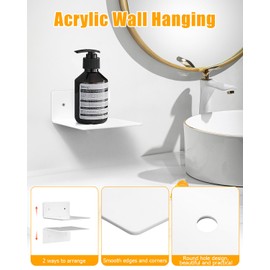 Qixora Mini Floating Shelves, Set of 4 Acrylic Wall Shelves, Small, Small Shelf Wall with Cable Hole, White Acrylic Wall Shelves Set for Bathroom, Living Room, Bedroom, Kitchen, Office, 2 Types of