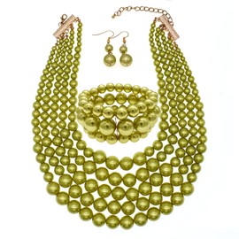 Faux Big Pearl Srand Necklaces for Women 5 Layers Pearl Bib Collar Necklace Bracelet and Earrings set 1920s Costume Pearl Jewelry Bridal Wedding gift (olive green)