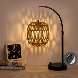Sainsbarry Tall Industrial Table Lamp for Bedroom with USB Port, Charging Farmhouse Coastal Lamps Black with Rattan Lamp Shade Edison Bedside Nightstand Lamp Boho Side Table Desk Lamps for Home Office