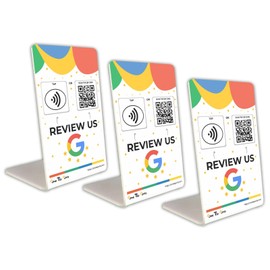Tap Google Review Stands (3-Pack) by TapFive - Tap for Instant Reviews - All Phones Compatible - Reusable Smart Tap NFC & QR - Boost Business Reviews Zappy Fast - Powered by TapFive (White, 3 Stands)