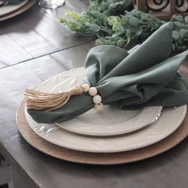 LuckyShe Napkin Rings Farmhouse Natural White Wooden Beads Tassels,Set of 8