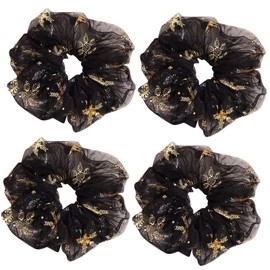 4 Pcs Shiny Black or Grey Mesh Fabric Snowflake Hair Scrunchies Bronzing Hair Bobbles Elastics Ponytail Holders Hair Wrist Ties Bands Scrunchies for Show Gym Dance Party Cosplay for Girl (Black)