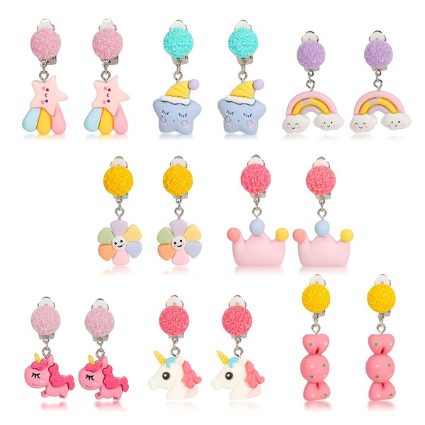 HIFOT 8 Pairs of Girls Princess Clip Earrings, Unicorn Crown Rainbow Clips, Non-Pierced Ears Dress Party Favor for Children, Rubber