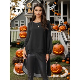 Seta T Women's High Low Tops Lantern Long Sleeve Round Neck Dressy Casual Chiffon Asymmetrical Tops Blouse X-Large Black