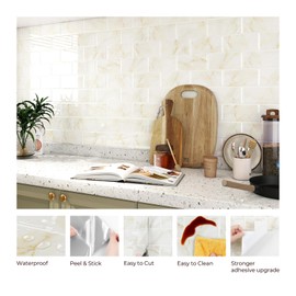 FunStick Marble Subway Tile Peel and Stick Backsplash for Kitchen 12"x12" White Gold Stick on Back Splashes for Kitchens Peel and Stick Wall Tiles for Bathroom Shower Tile Stickers Waterproof 5 Sheets