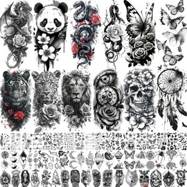 66 Blatt Temporäre Tattoos Damen Mädchen Klebetattoos Erwachsene, Schlange Rose Blume Tattoos Zum Aufkleben Frauen, Drachen Tattoo Aufkleber Traumfänger Schädel Klebe Tattoo Schmetterling Panda Tiger