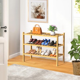 RONGJlA 3 Tier Bamboo Shoe Rack for Closet Free Standing Wood Shoe Shelf Storage Organizer for Entryway Small Space Stackable, Natural