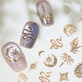 1 Sheet Embossed Star Nail Stickers for Nail Art Gold Snake Nail Decals Gold Snake Nail Decals 5D Self-Adhesive Bronzing Stars Moon Nails Supplies Nail Art Stickers for Women DIY Nails Decoration