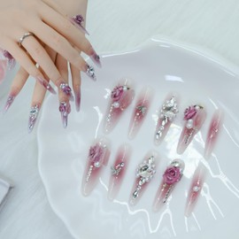 Duotaoii Almond Press on Nails Long Fake Nails Handmade False Nails Rose Diamond 3D Hand-Painted Nail Charms, Acrylic Nail Kit Glue on Gel Nails, Reusable Stick on Nails for Women 10pcs M