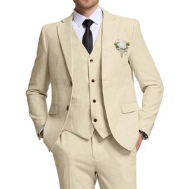 High-End Suits Light Champagne Men Suits Linen Tuxedos for Men Formal Wedding 3 Pieces Suit Set Blazer Vest Pants M